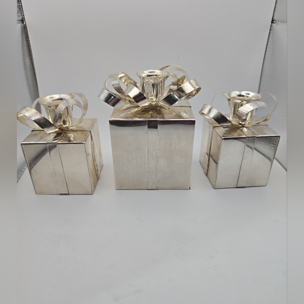 🎄 Vintage Silver Plated Gift Box Candle Holders Set of 3 | Holiday Decor